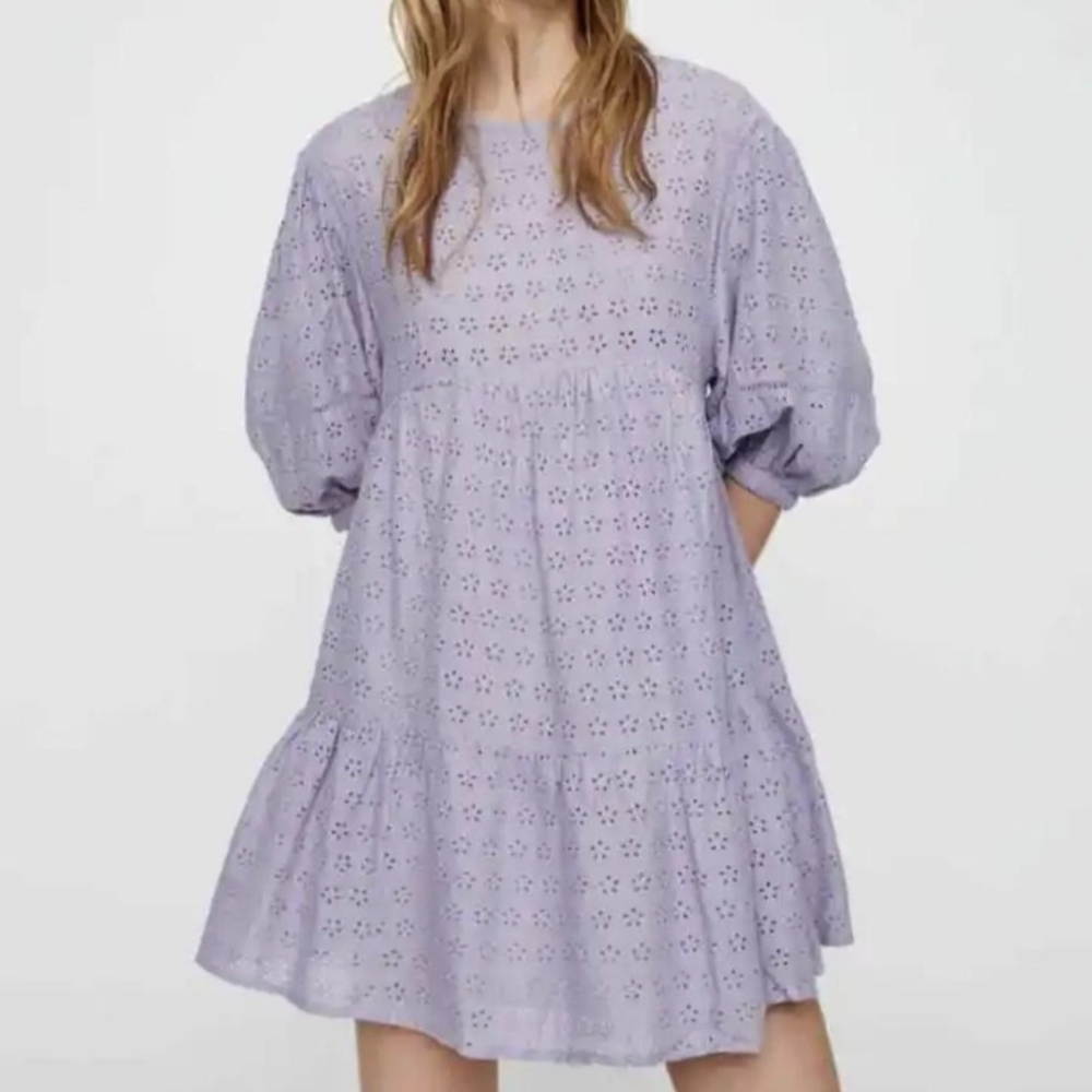 ASOS Pull & Bear Purple Eyelet Floral Puff Sleeve Tiered Dress